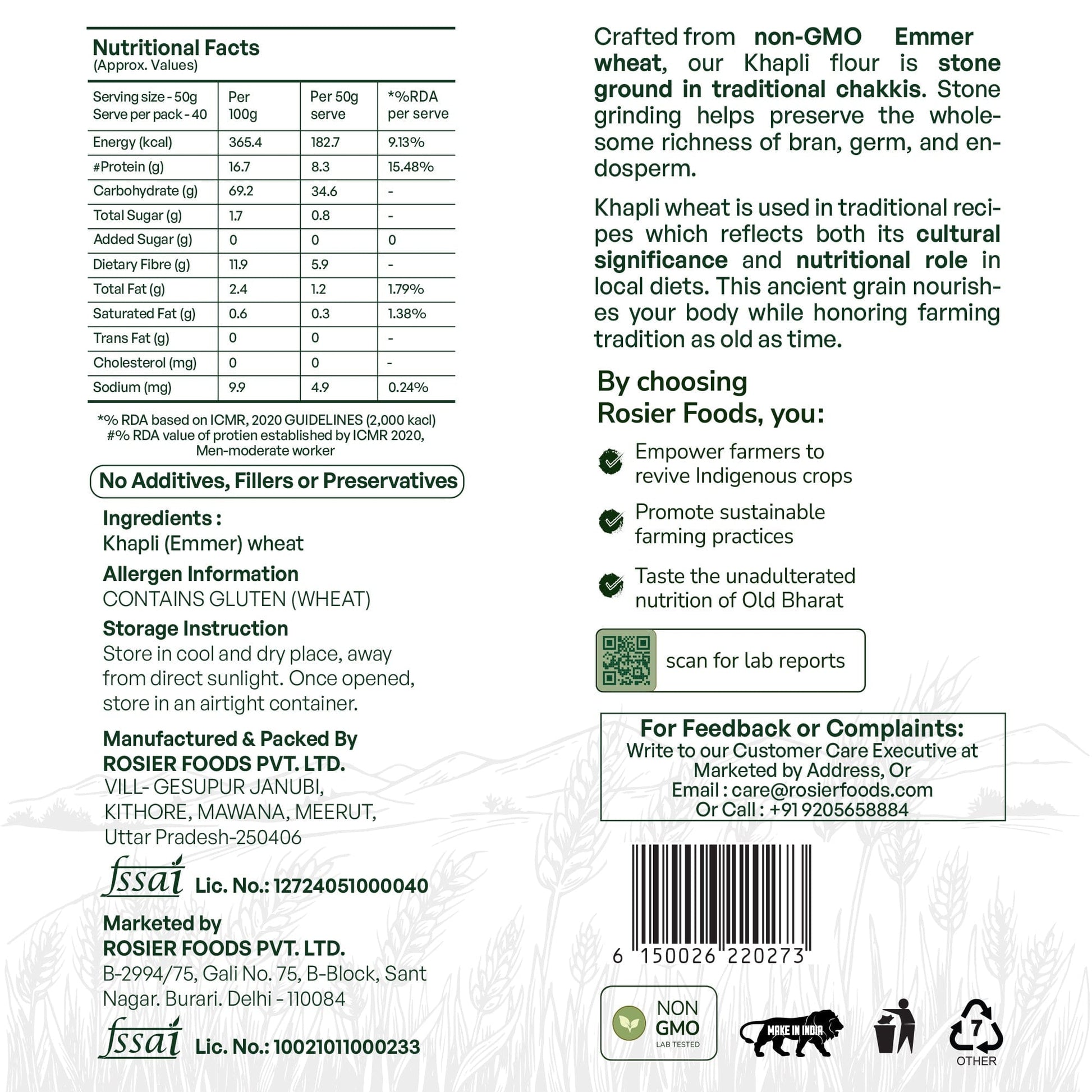 Ashoka Organics Khapli (Emmer) Wheat Flour nutrition facts, ingredients, stone-ground process, non-GMO certification, storage instructions, and clean-label packaging.