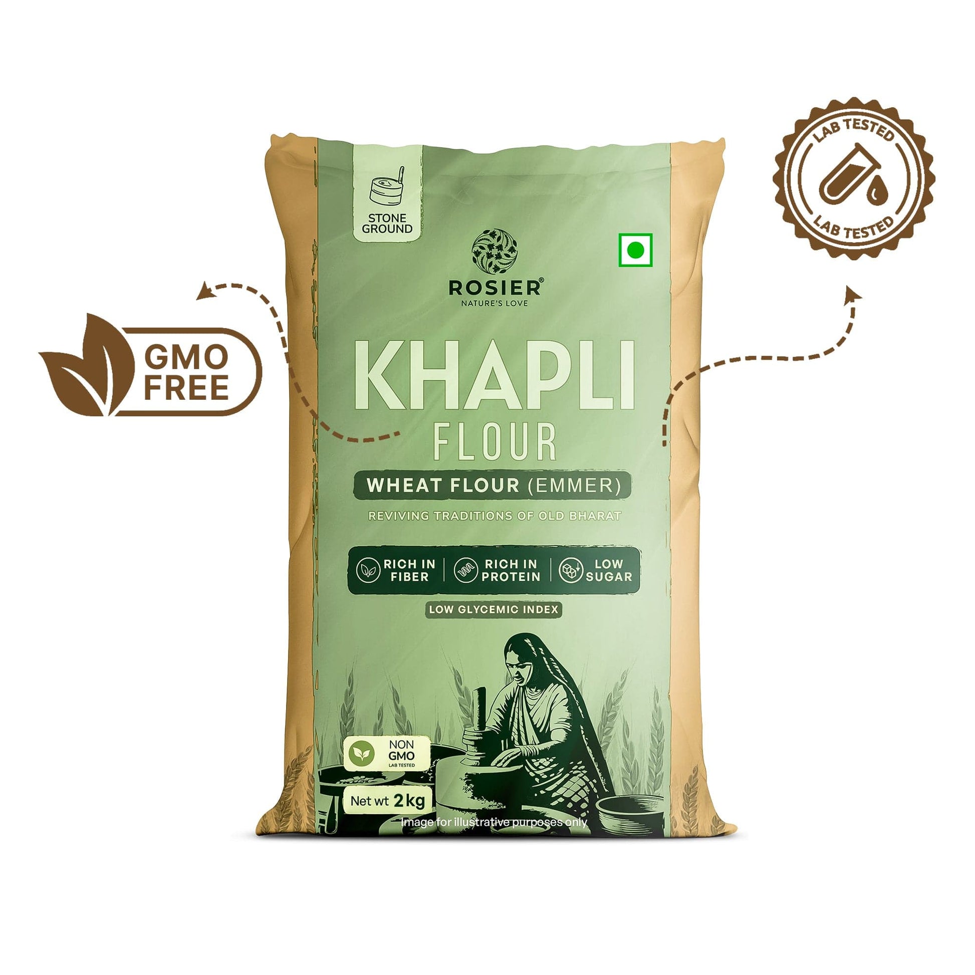 Ashoka Organics Khapli Flour (Emmer Wheat Flour) stone-ground, non-GMO, lab-tested atta with low glycemic index, high fiber, high protein, and low sugar.