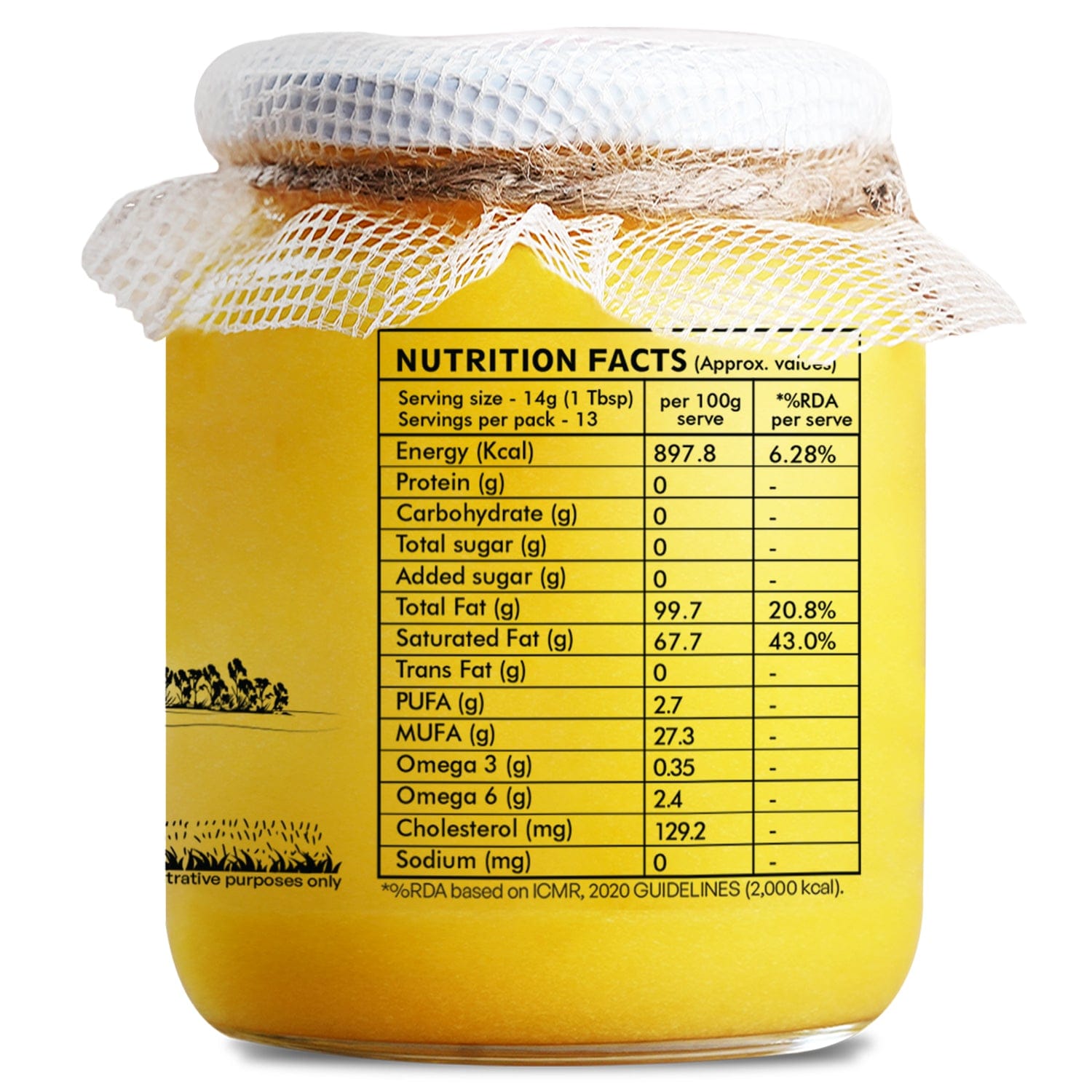 Ashoka Organics pure desi cow ghee nutrition facts label showing calories, saturated fat, omega-3, omega-6 and serving size on a glass jar.