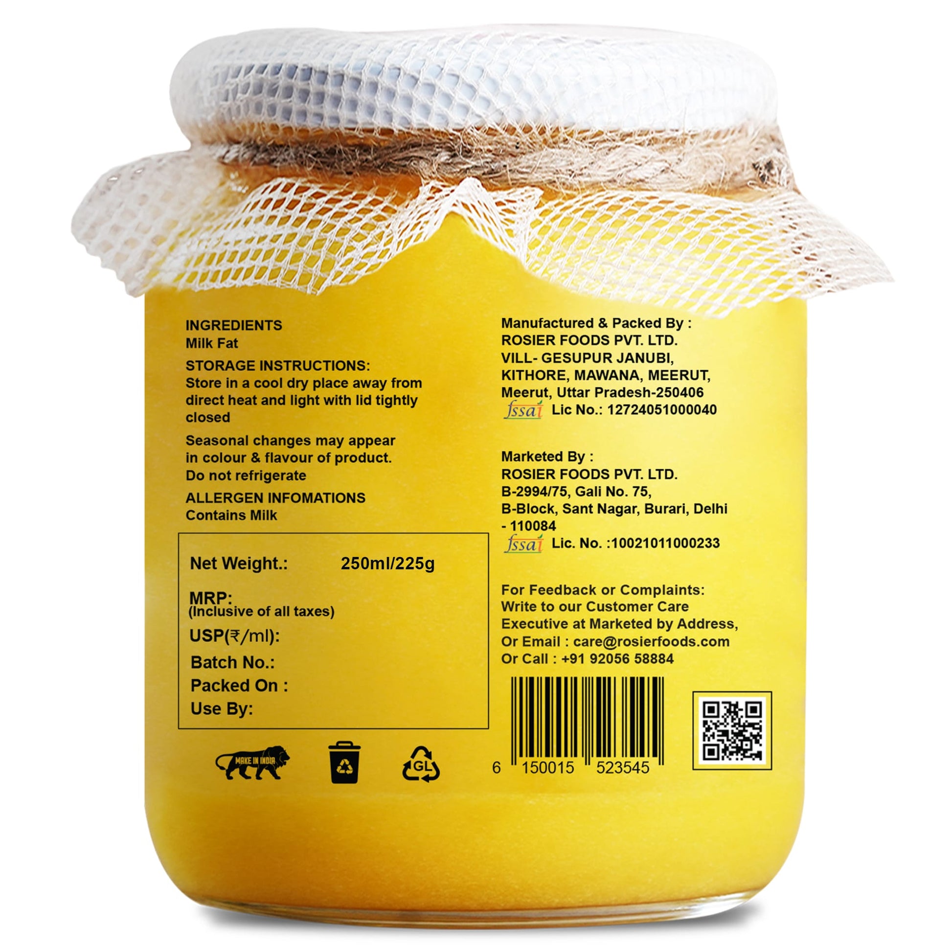 Ashoka Organics Pure Desi Cow Ghee back label showing ingredients, storage instructions, manufacturer details, FSSAI license, net weight, barcode and QR code.