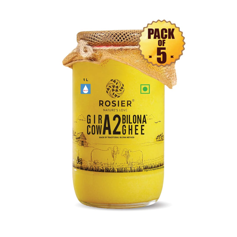Ashoka Organics A2 Bilona Ghee made from Gir Cow milk, 1L glass jar, traditional Bilona method, pack of 5, pure desi ghee.