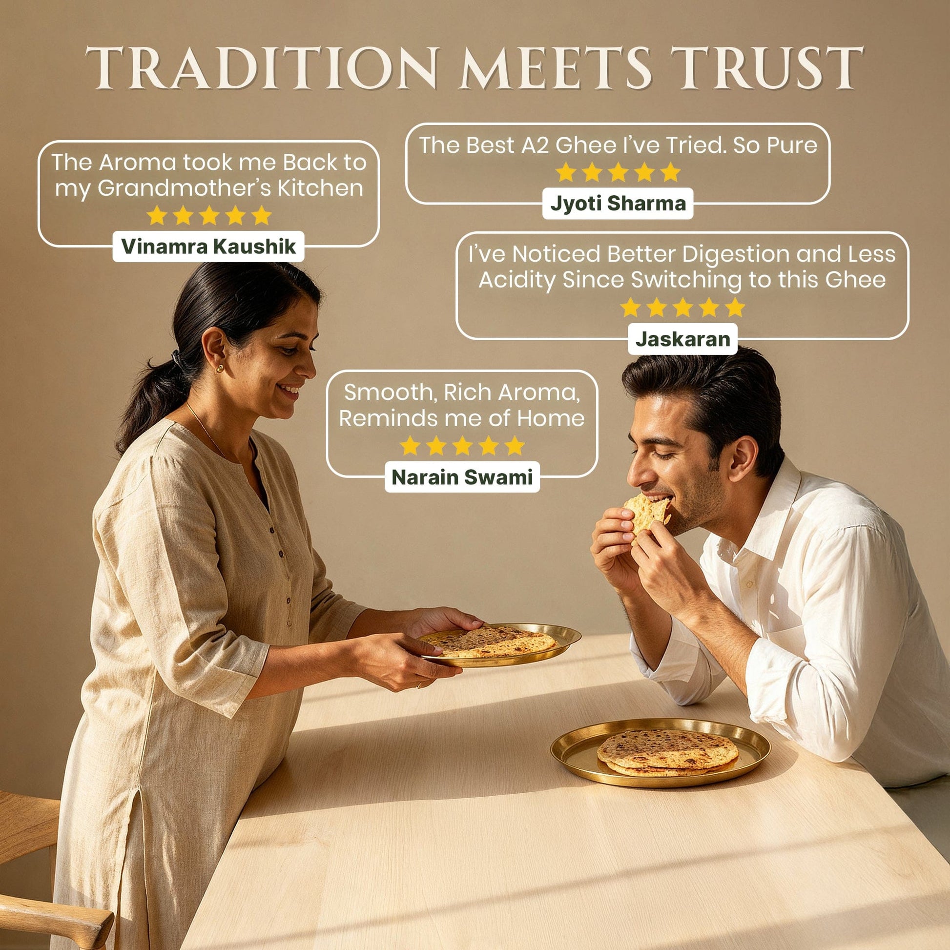 Happy family enjoying traditional Indian parathas made with Ashoka Organics Gir Cow A2 Bilona Desi Ghee, highlighting authentic taste, rich aroma, purity and trusted customer reviews.