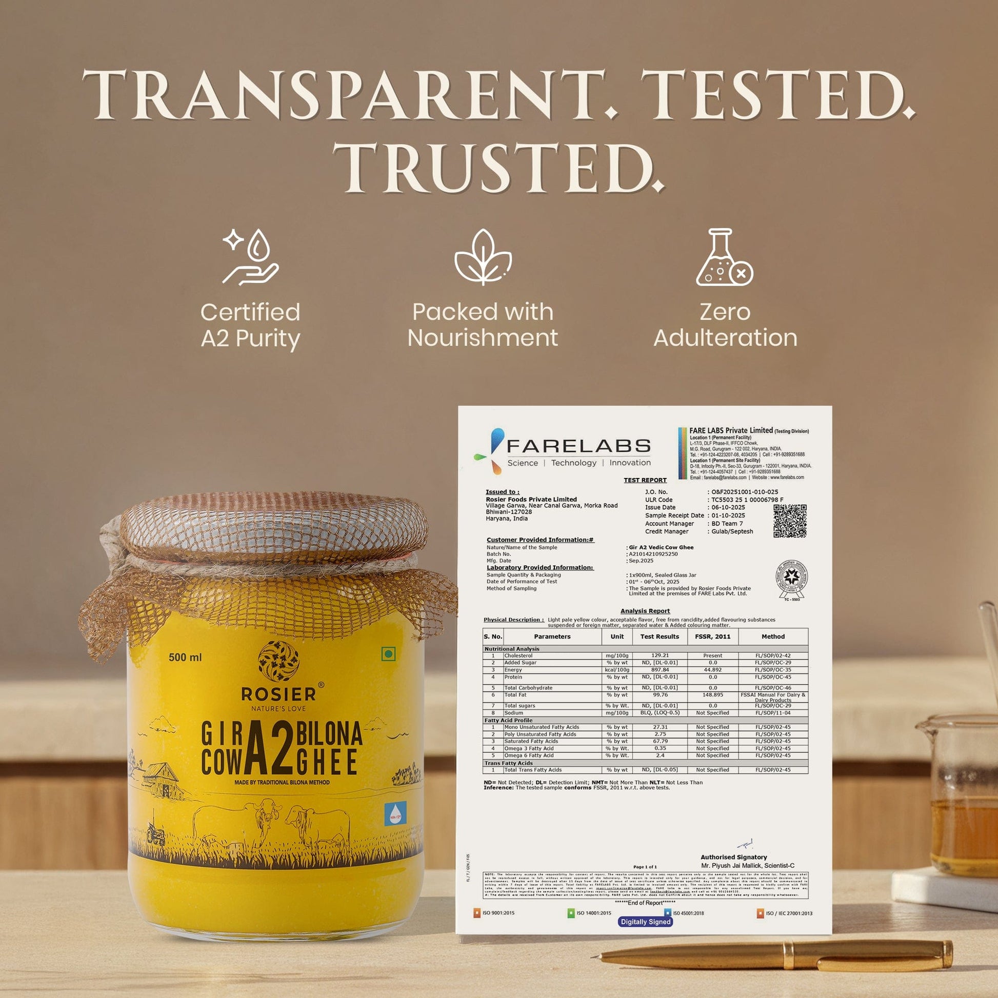 Ashoka Organics Gir Cow A2 Bilona Desi Ghee with FARE Labs purity test report showcasing certified A2 purity, zero adulteration, and traditional Bilona quality