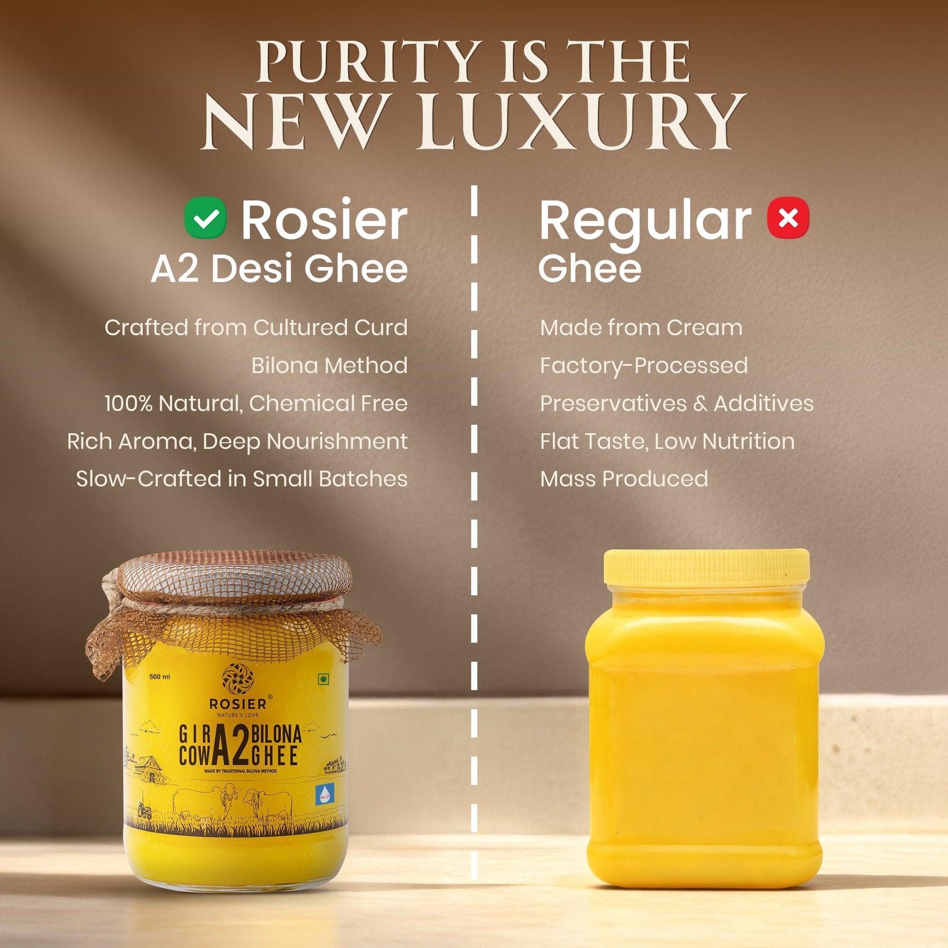 Ashoka Organics Gir Cow A2 Bilona Desi Ghee made from cultured curd using the traditional Bilona method compared with regular cream-based ghee
