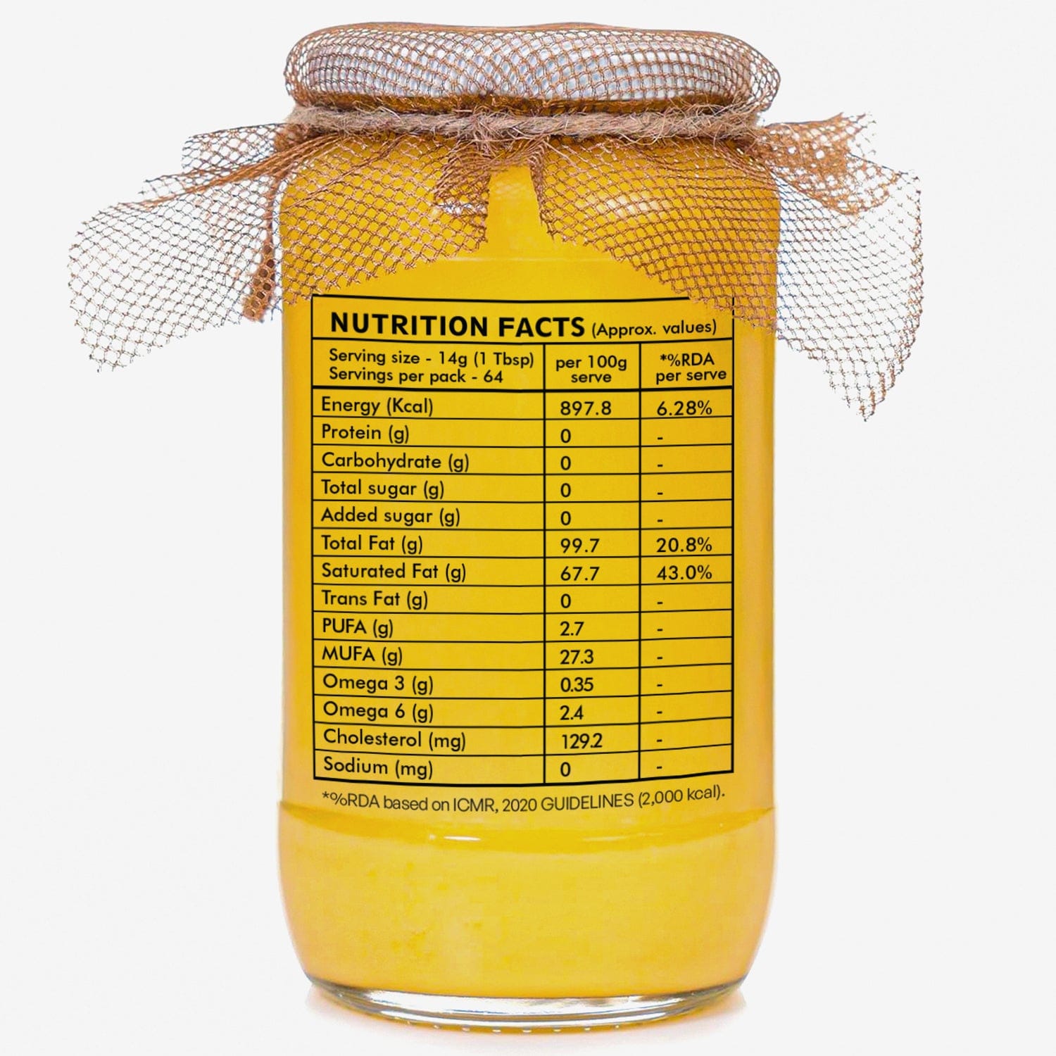 Nutrition facts label on Ashoka Organics Gir Cow A2 Bilona Ghee jar showing calories, healthy fats, omega-3, omega-6 and serving information.