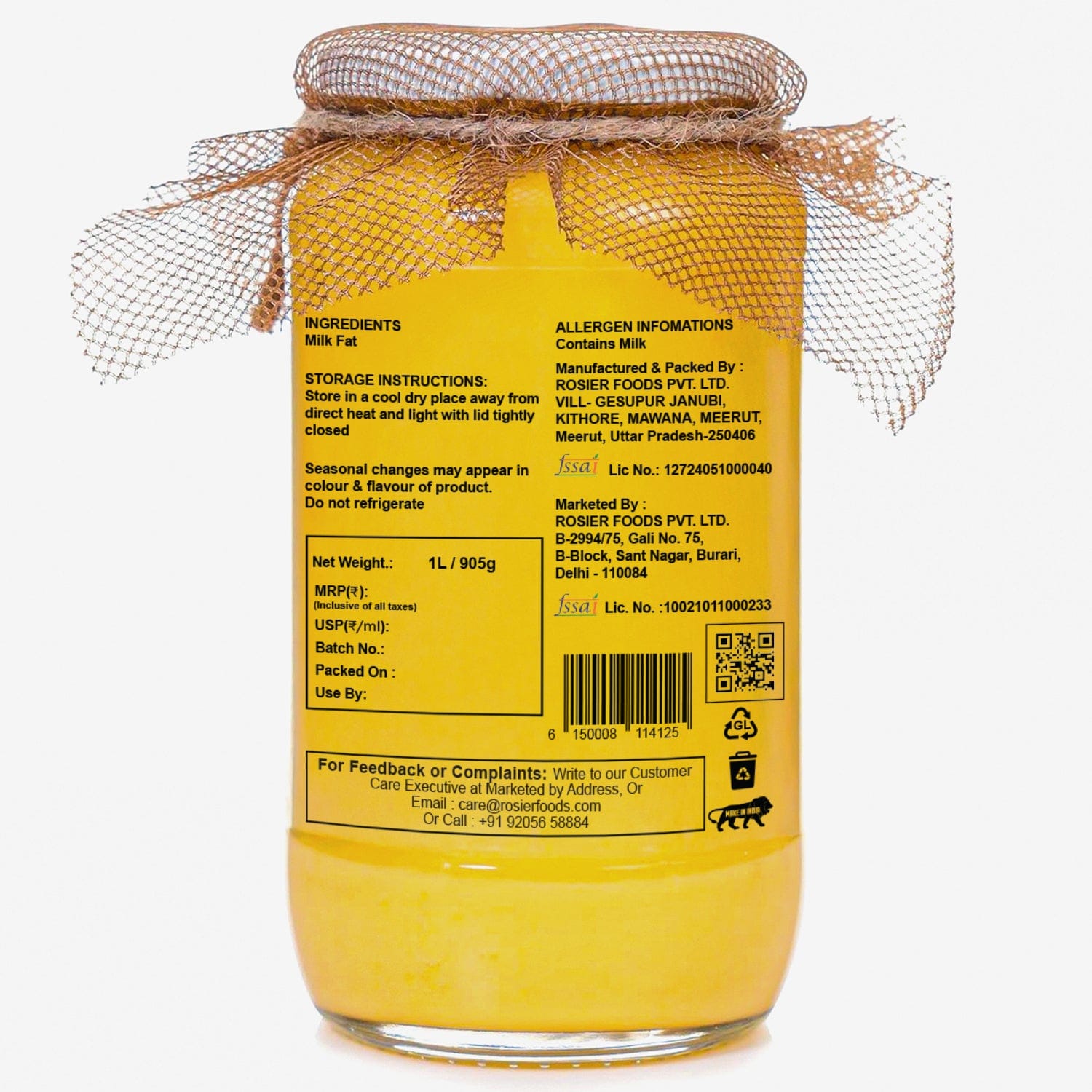 Back label of Ashoka Organics Gir Cow A2 Bilona Ghee jar showing ingredients, storage instructions, allergen information, manufacturer details and barcode.