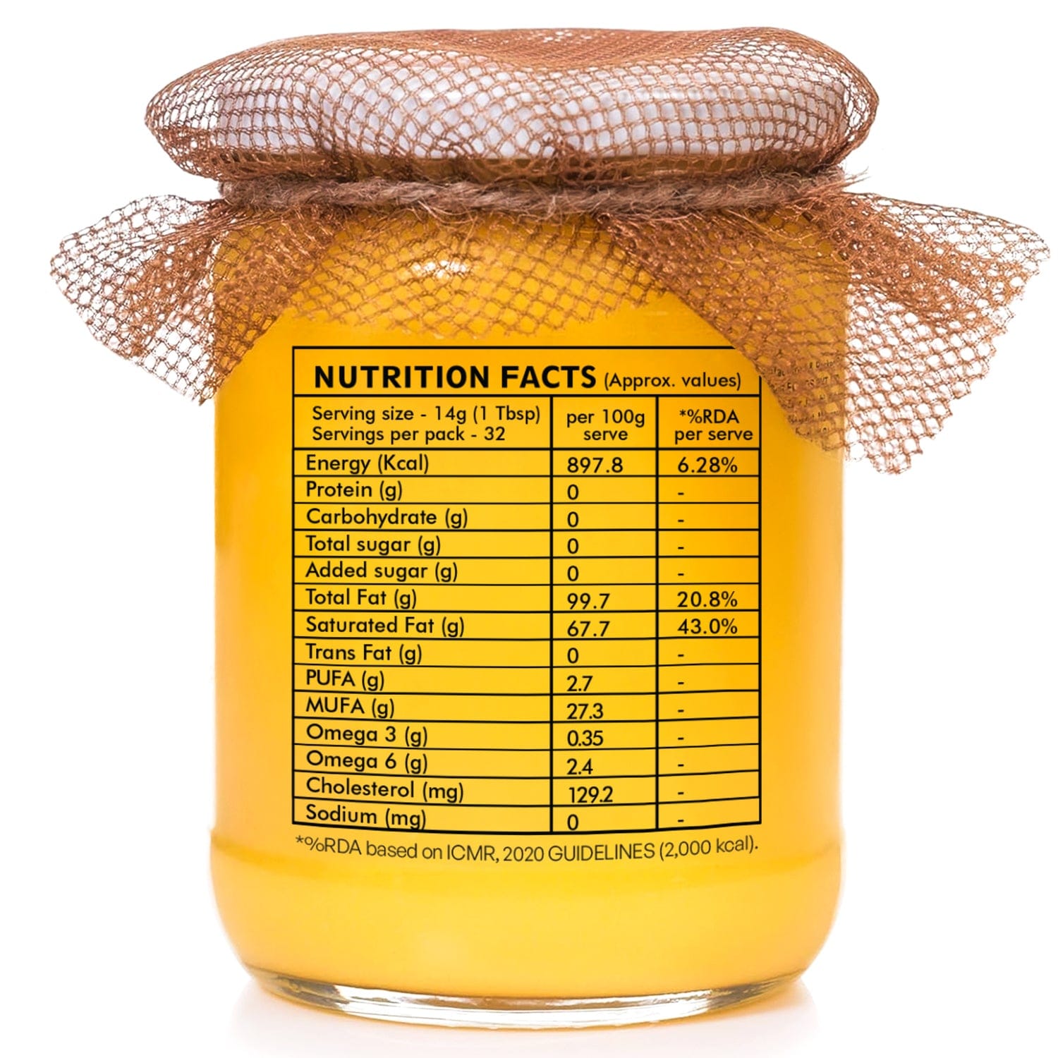 Nutrition facts label on Ashoka Organics Gir Cow A2 Bilona Desi Ghee jar showing calories, healthy fats, Omega 3, Omega 6, cholesterol and serving size information.