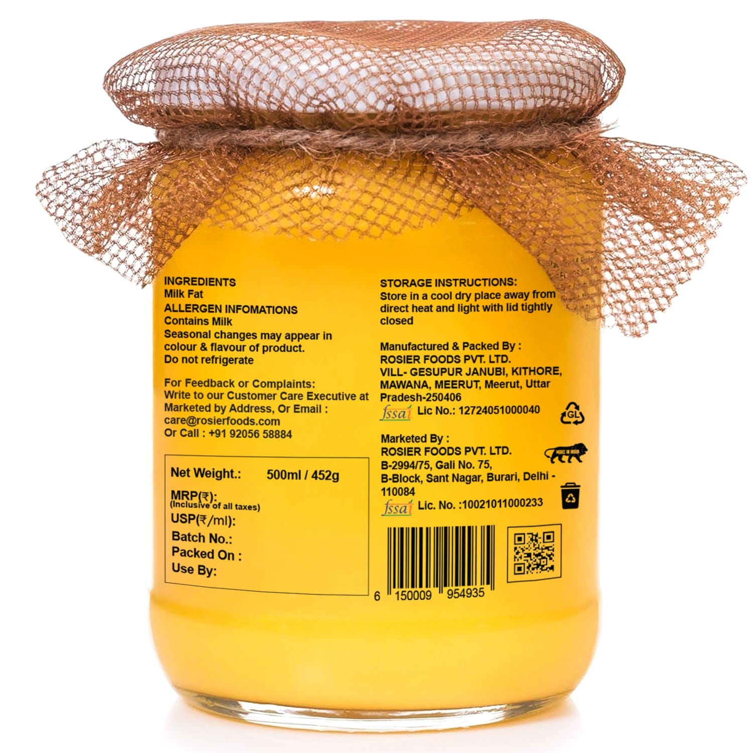 Back label of Ashoka Organics Gir Cow A2 Bilona Desi Ghee jar showing ingredients, storage instructions, manufacturer details, net weight, barcode and product information.